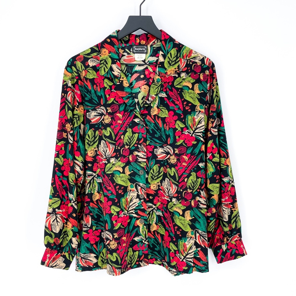 ☀️ 3/$25 Vintage Bonworth Colorful Tropical Rainforest Button Down Blouse Large